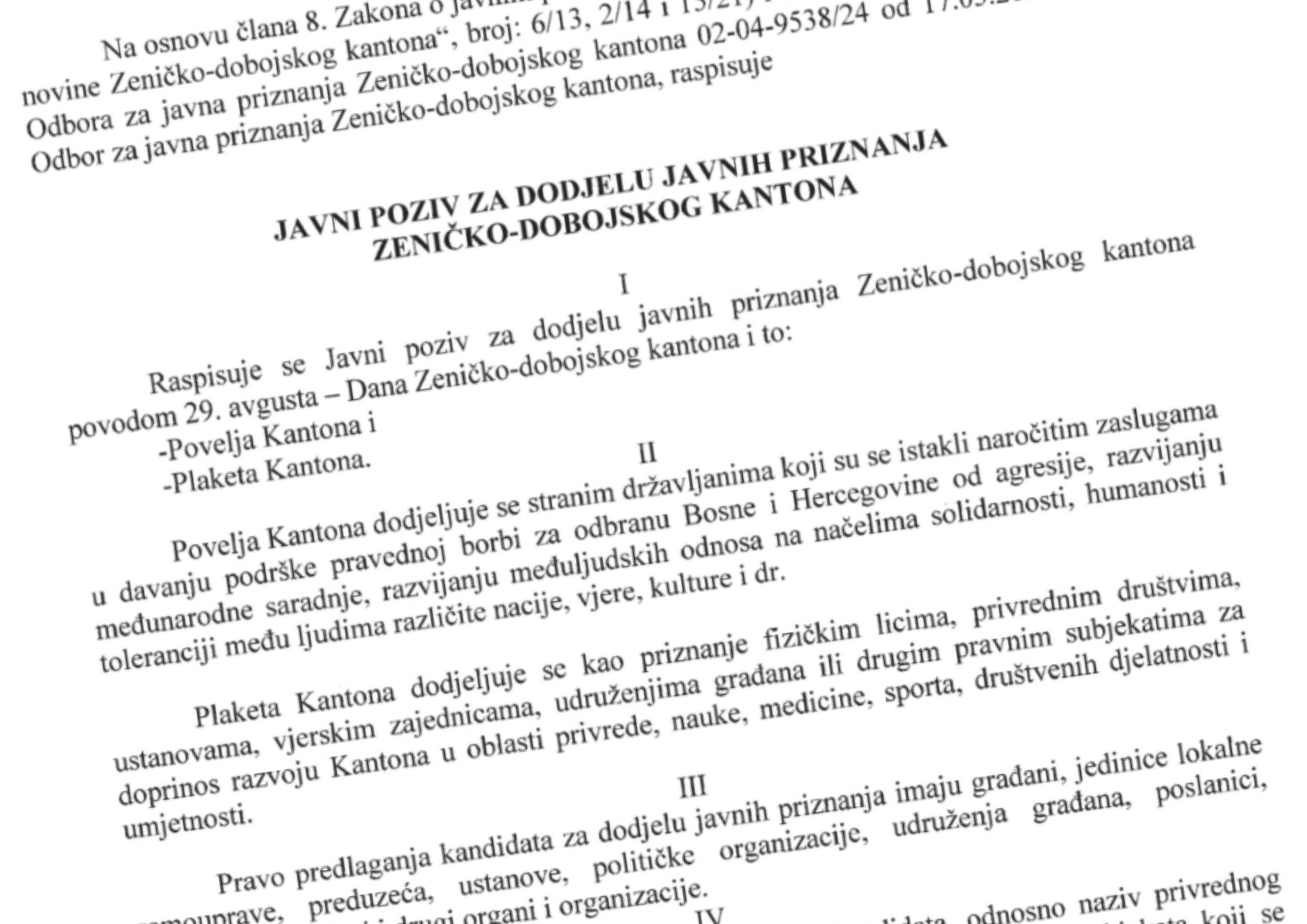 Poziv za dodjelu javnih priznanja Zeničko-dobojskog kantona