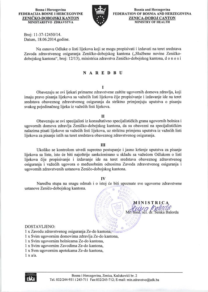 NAREDBA-OBAVEZA PROPISIVANJA LIJEKOVA PREMA UPUTSTVU