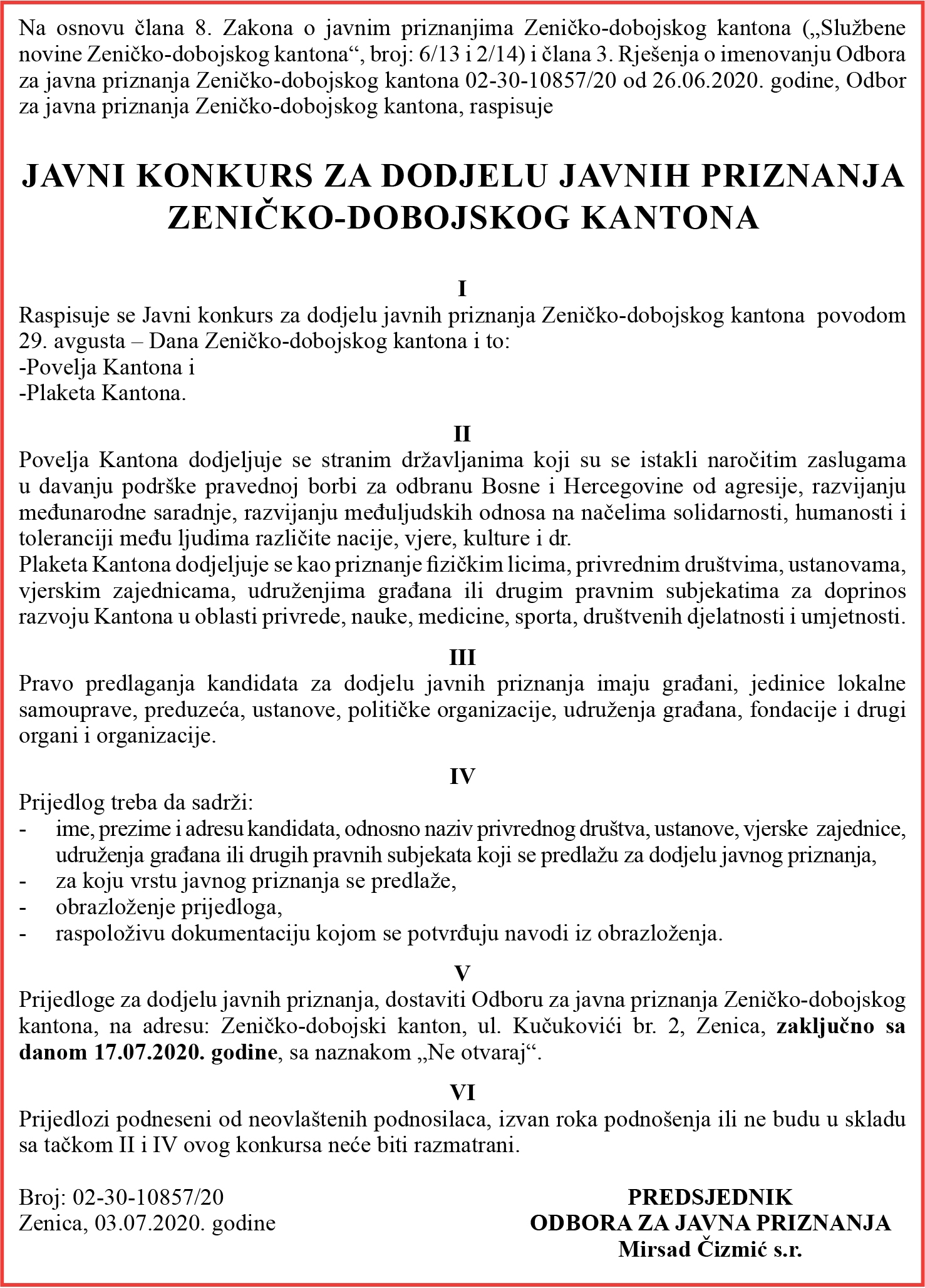 Javni konkurs za dodjelu javnih priznanja Zeničko-dobojskog kantona-2020