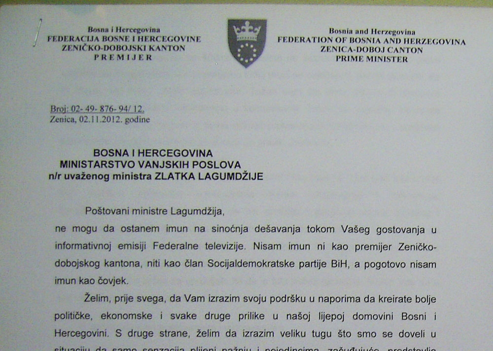 Pismo premijera ZDK Fikreta Plevljaka upućeno ministru vanjskih poslova BiH Zlatku Lagumdžiji