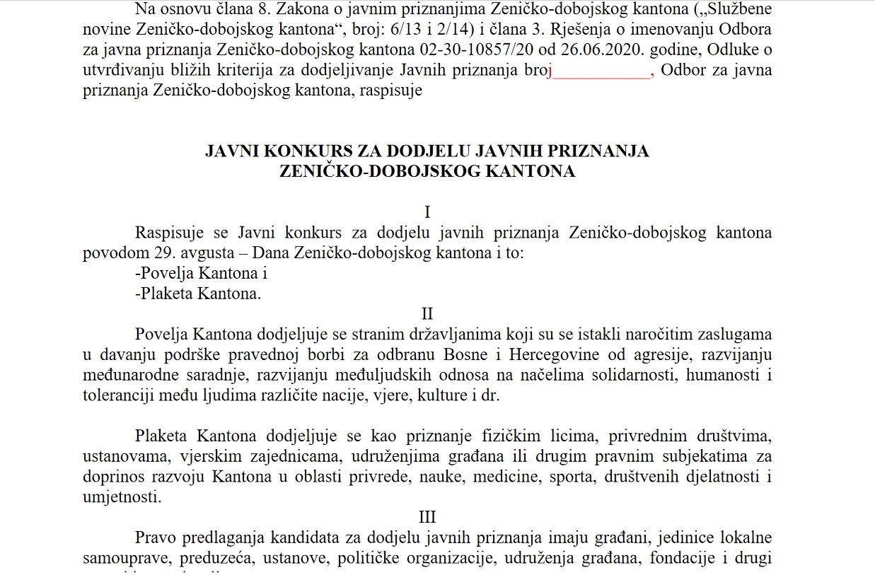 RASPISAN KONKURS ZA DODJELU JAVNIH PRIZNANJA ZDK